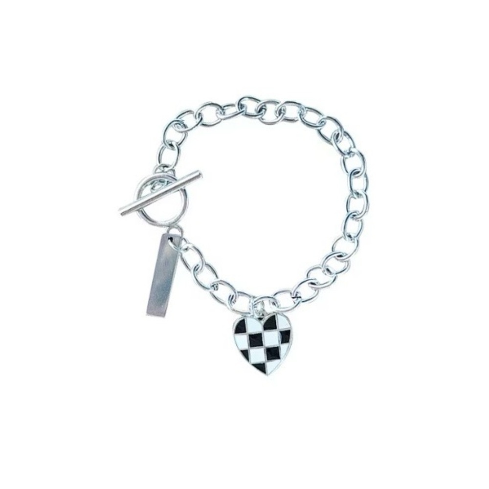 NEW - checkered heart charm bracelet, chain bracelet w/ charm, heart jewelry - Picture 2 of 3
